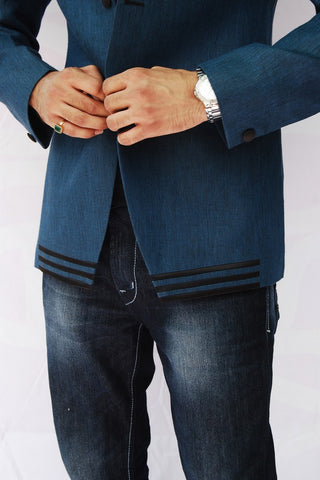 Image Title Sporty Blue Stand Collar Linen Blazer For Men - BL5014SNT