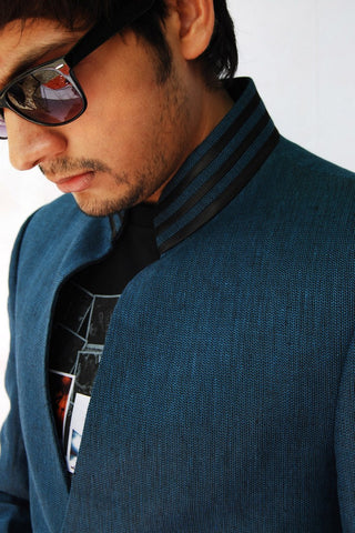 Image Title Sporty Blue Stand Collar Linen Blazer For Men - BL5014SNT