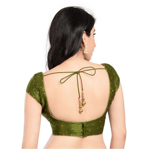 Image Title Lovely Stone Work Designer Indian Traditional Mehendi Round Neck Saree Blouse Choli (CO-202SL-Mehendi)