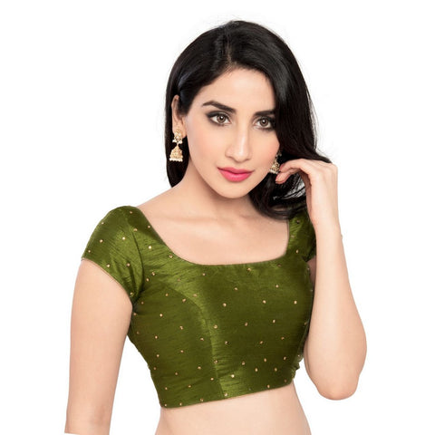 Image Title Lovely Stone Work Designer Indian Traditional Mehendi Round Neck Saree Blouse Choli (CO-202SL-Mehendi)