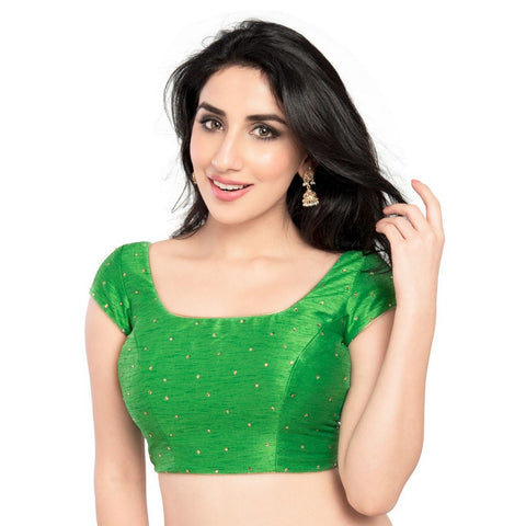 Image Title Lovely Stone Work Designer Indian Traditional Parrot-Green Round Neck Saree Blouse Choli (CO-202SL-Parrot-Green)
