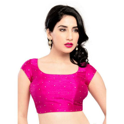Image Title Lovely Stone Work Designer Indian Traditional Pink Round Neck Saree Blouse Choli (CO-202SL-Pink)