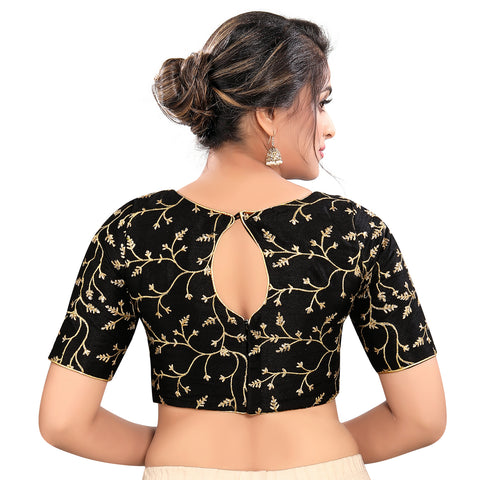 Image Title Graceful Black High Neck Designer Indian Traditional Elbow Sleeves Saree Blouse Choli (CO-668-Black)