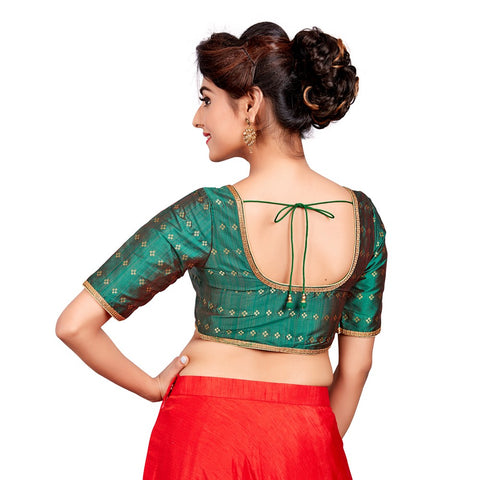 Image Title Designer Indian Bottle Green Dupion Silk Padded Front Open Hooks Elbow Sleeves Saree Blouse (Co-722)