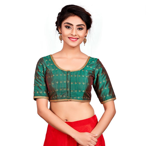Image Title Designer Indian Bottle Green Dupion Silk Padded Front Open Hooks Elbow Sleeves Saree Blouse (Co-722)