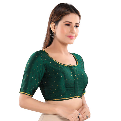 Image Title Simple Zari Work Bottle-Green Designer Indian Traditional Round Neck Saree Blouse Choli (CO-729-Bottle-Green)