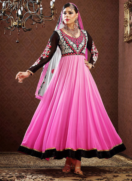pink color anarkali dress Rose Pink Pure Monga Silk Handwoven Anarkali Set with Hand-embroidered Dupatta