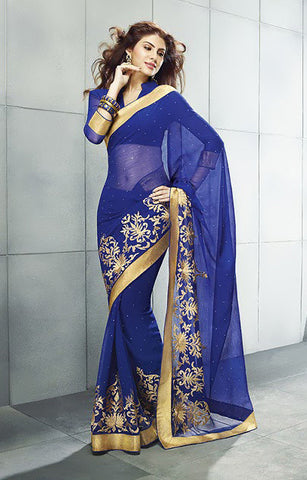Image Title Shimmering Royal Blue and Gold Designer Saree D-25