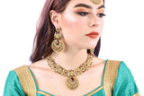 Ravishing Ruby Red and Gold Necklace Set with Earrings and Tika - 0977