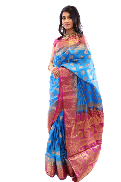 Ocean Blue and Pink Silk Sari-SS04