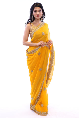 Image Title Divine Yellow with Gold Embroidered Pre-Pleated Ready-Made Sari-SNT10006