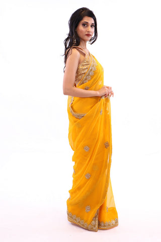 Image Title Divine Yellow with Gold Embroidered Pre-Pleated Ready-Made Sari-SNT10006