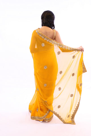 Image Title Divine Yellow with Gold Embroidered Pre-Pleated Ready-Made Sari-SNT10006