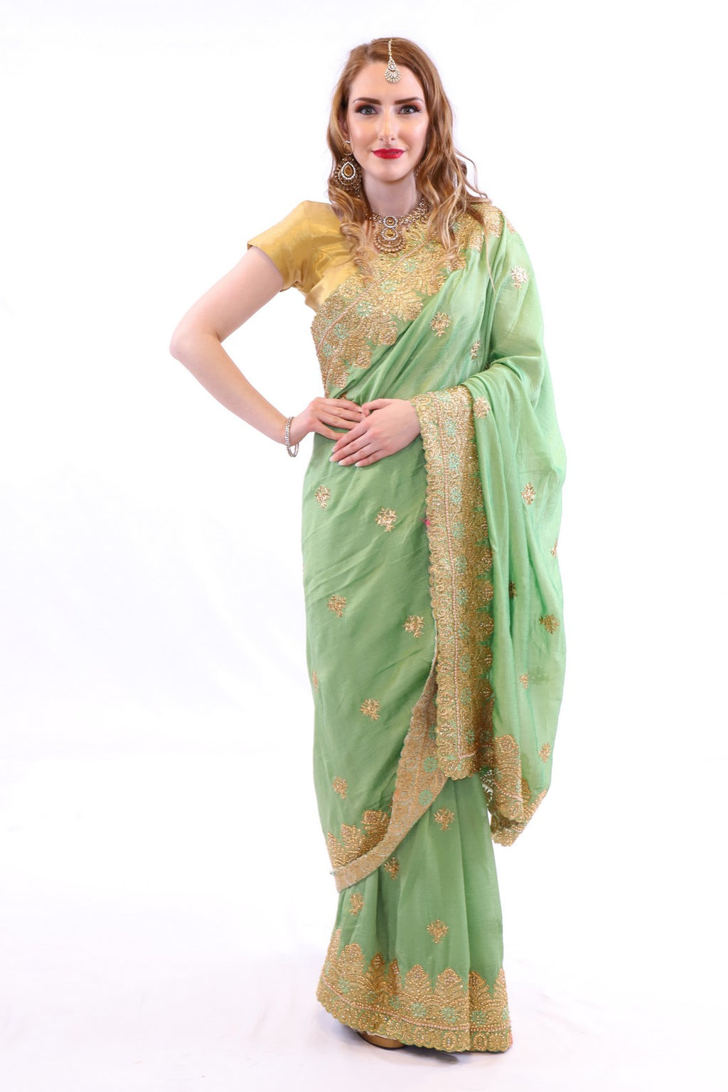 Image Title Radiant Mint with Golden Embroidered Pre-Pleated Ready-Made Sari-SNT10002