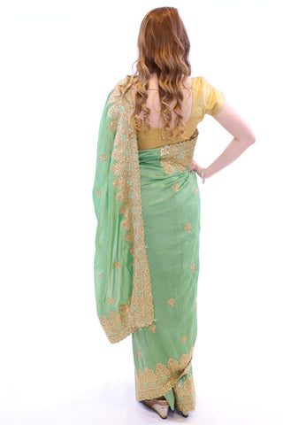 Image Title Radiant Mint with Golden Embroidered Pre-Pleated Ready-Made Sari-SNT10002