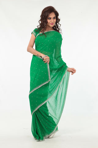 Image Title Earthy Green Elegant Sheer Ready-made Sari-SNT10197