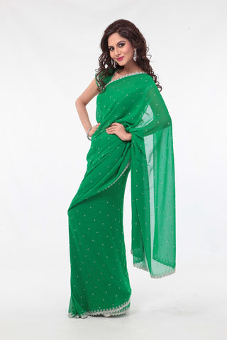 Image Title Earthy Green Elegant Sheer Ready-made Sari-SNT10197