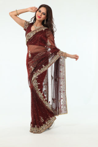 Image Title Striking Auburn Diamonds Net Lehenga Style Sari
