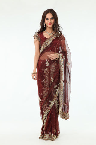 Image Title Striking Auburn Diamonds Net Lehenga Style Sari