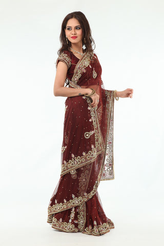 Image Title Striking Auburn Diamonds Net Lehenga Style Sari
