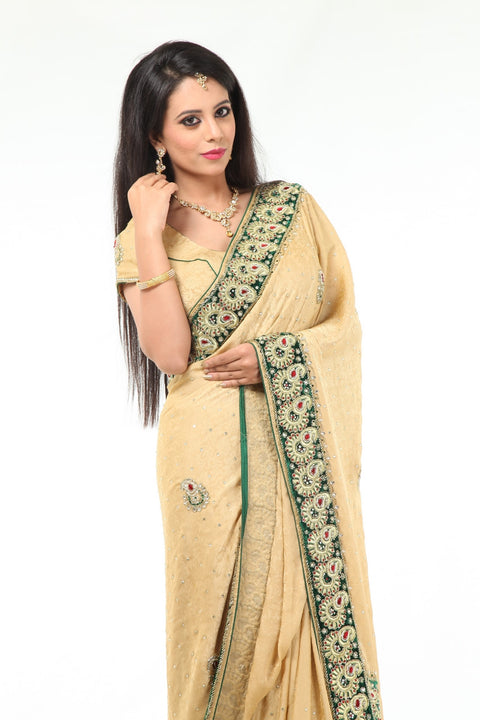 Classic Beige Gleaming Green Border Sari