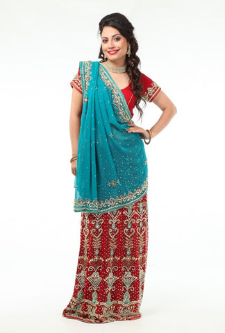 Image Title Gorgeous Red & Blue Lehenga Style Ready-made Sari