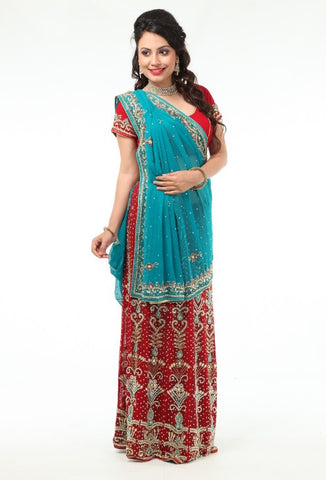 Image Title Gorgeous Red & Blue Lehenga Style Ready-made Sari