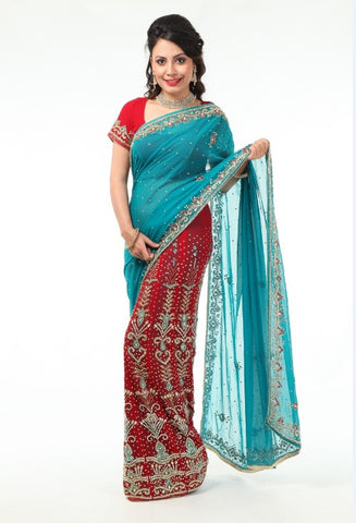 Image Title Gorgeous Red & Blue Lehenga Style Ready-made Sari