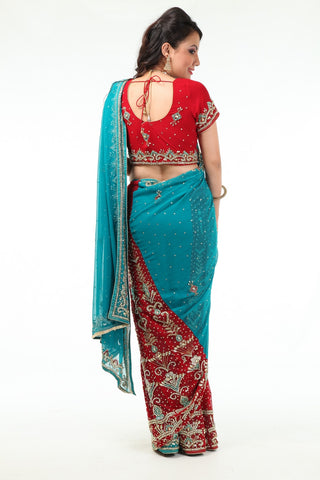 Image Title Gorgeous Red & Blue Lehenga Style Ready-made Sari