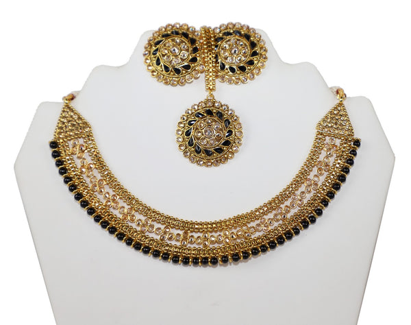 Classic Black and Gold Fusion Necklace set with Earrings and Tika - JW2004