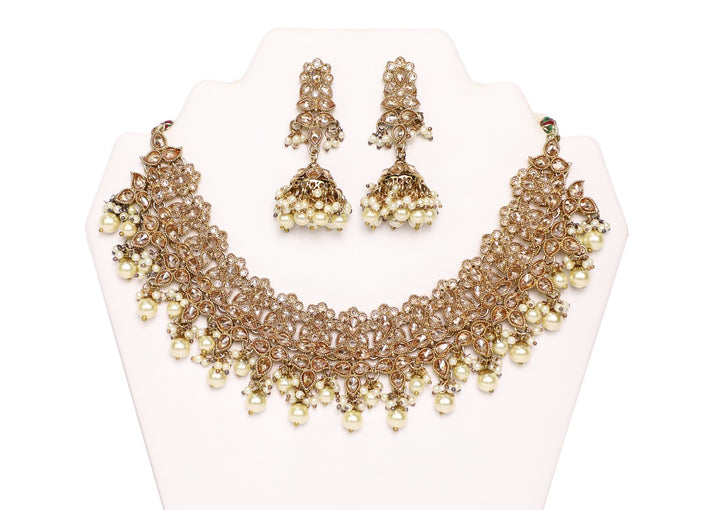 Mesmeric Shell-Pink Stones and White Pearls Necklace Set with Earrings and Tika-  JW2018