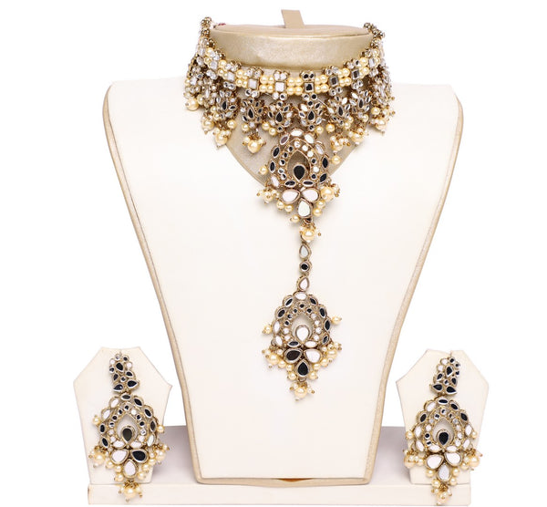 Enchanting Mirror Glass Necklace Set with Earrings and Tika- JW2023