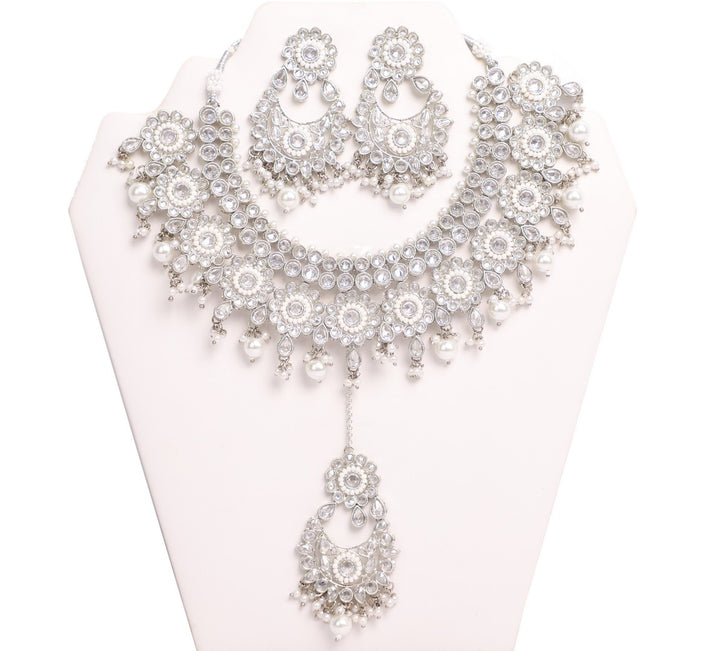 Luminous Silver Stone with White Pearls Necklace Set with Earrings and Tika- JW2038