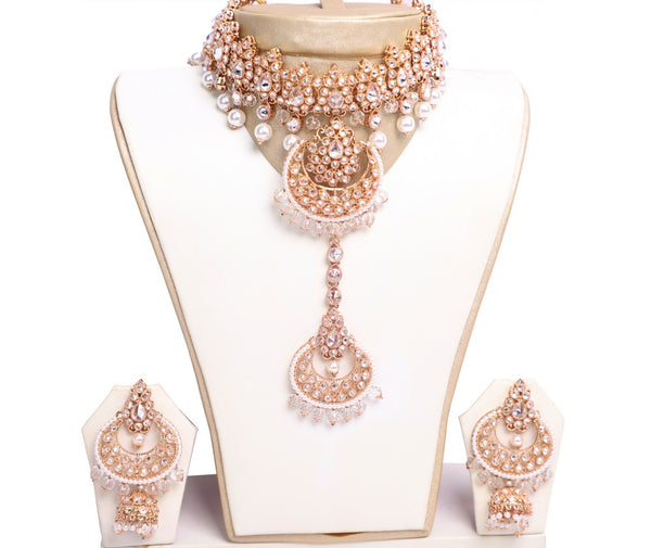 Stunning Glass Stones and White Pearls Necklace Set with Earrings and Tika- JW2045