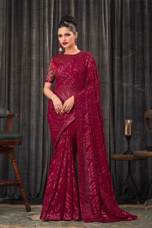 Image Title Magnetic Magenta Georgette Sequined Pre-Pleated Ready-Made Sari -INN-2302