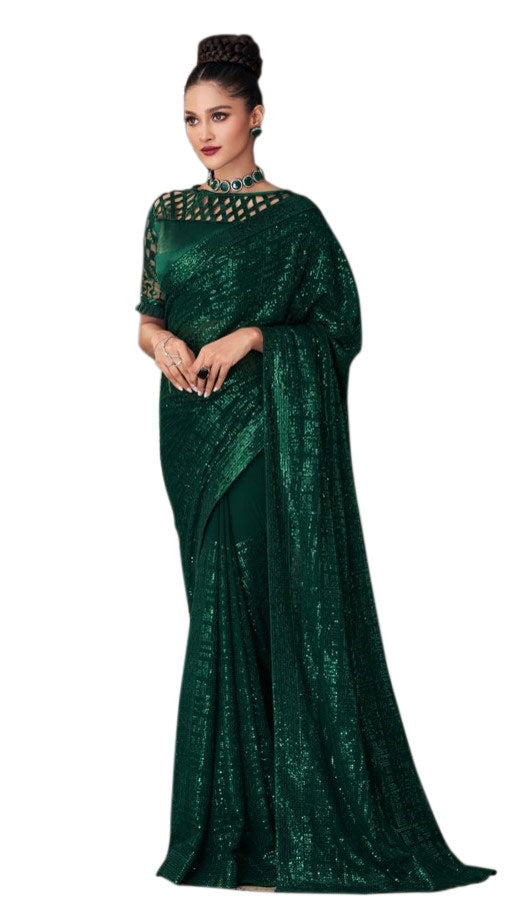 Seductive Dark Green Georgette Sequined Pre-Pleated Ready-Made Sari -INN-2304