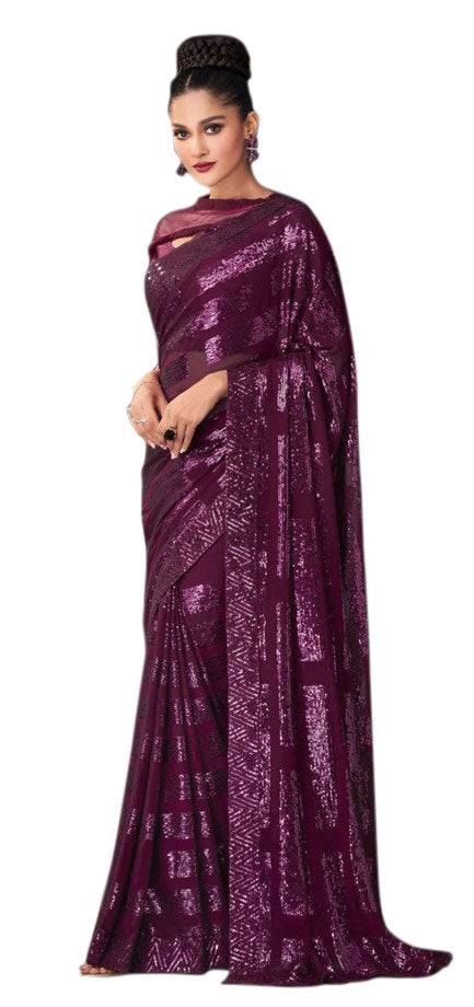 Image Title Innara Beauty Purple Georgette Sequined Pre-Pleated Ready-Made Sari -INN-2305