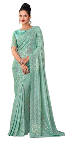 Image Title Totally Seductive Sea Mist Green Sequined Pre-Pleated Ready-Made Sari -INN-2310