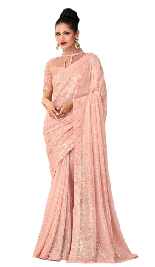 Image Title Modern Beauty Light Pink Sequined Pre-Pleated Ready-Made Sari -INN-2314