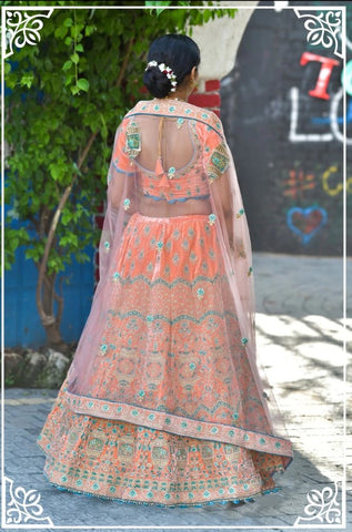 Image Title Exhilarating Orange and Teal Embroidered Lehenga- SNT11002