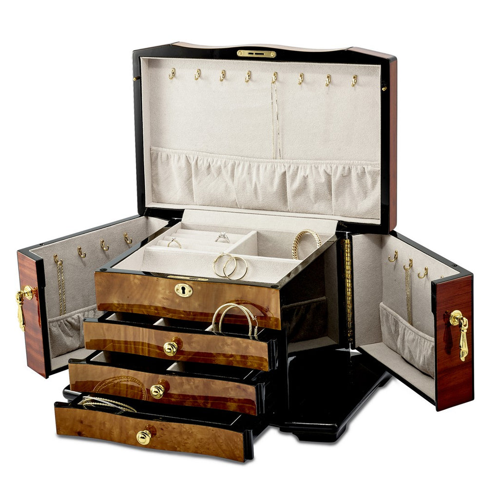 Image Title Bubinga w/Elm Burl Inlay 3 Drawer with Swing-out Sides Jewelry Box