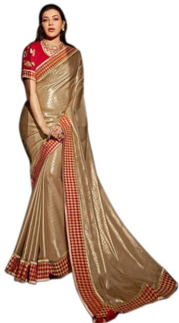 Image Title Party Beige Shimmer Embroidered Art Silk Pre-Pleated Designer Traditional Sari -KJL-5208
