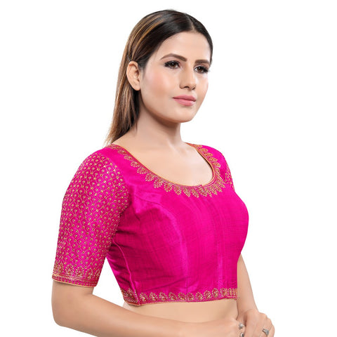 Image Title Graceful Dark-Pink Designer Indian Traditional Round Neck Saree Blouse Choli (KP-230ELB-Dark-Pink)