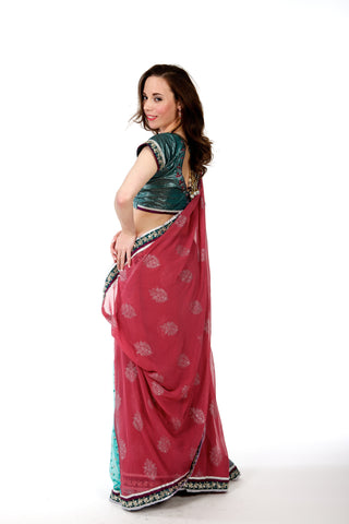 Image Title Pink and Green Lehenga Style Pre-Pleated Ready-made Sari
