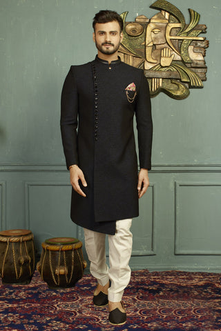 Image Title Dashing Asymmetrical Blue Black Indian Wedding Indo-Western Sherwani for Men -IW47824SNT