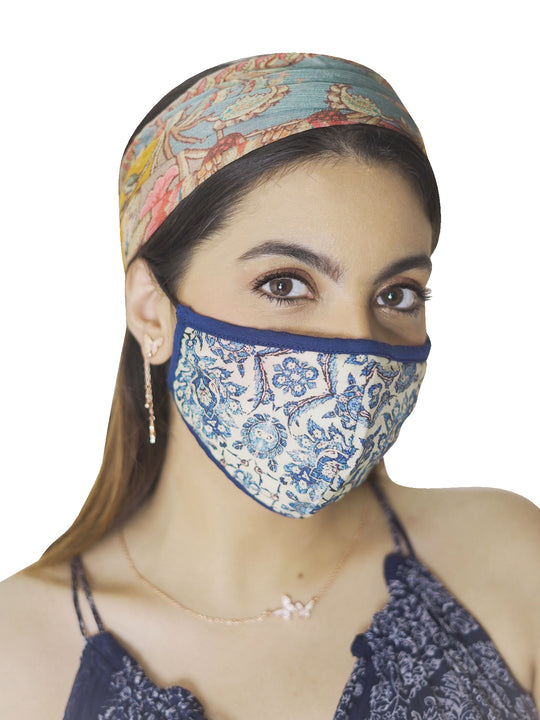 Ritu Kumar Reusable Printed Cloth Face Masks Set of 3 - (LIGHTBLUE-NAVY-ECRU)