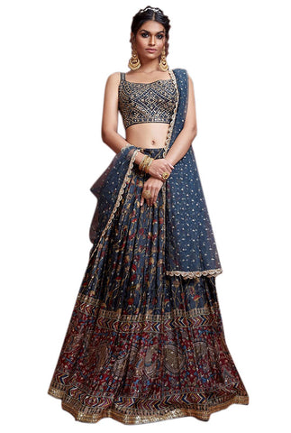 Image Title Teal Chinon Digital Print Designer Party wear Lehenga Choli Set - NM102