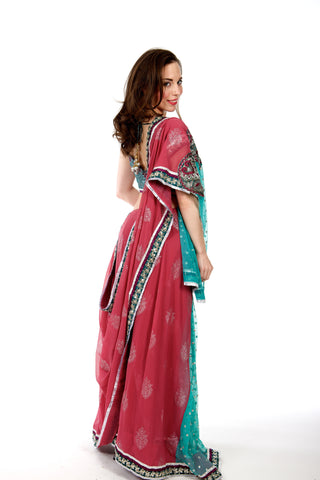Image Title Pink and Green Lehenga Style Pre-Pleated Ready-made Sari