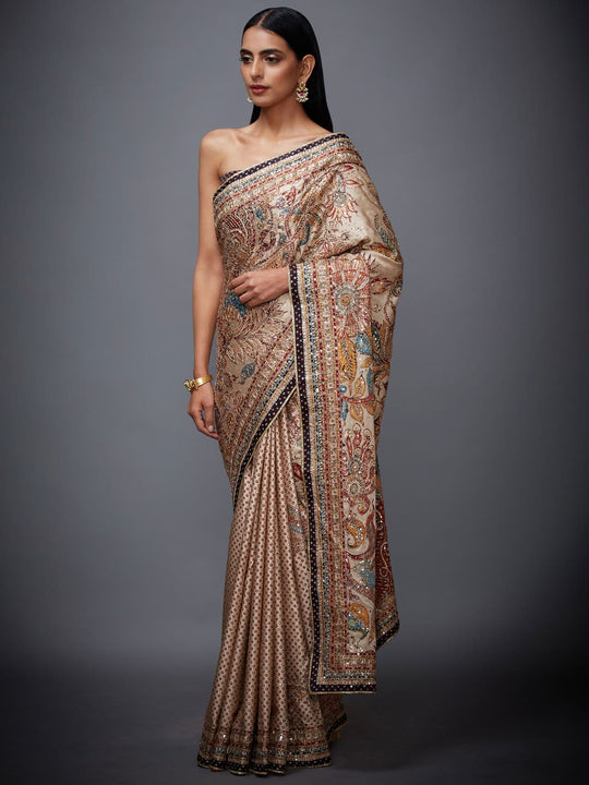 RI-Ritu-Kumar-Beige-And-Burgundy-Embroidered-Saree-With-Unstitched-Blouse-Complete-View