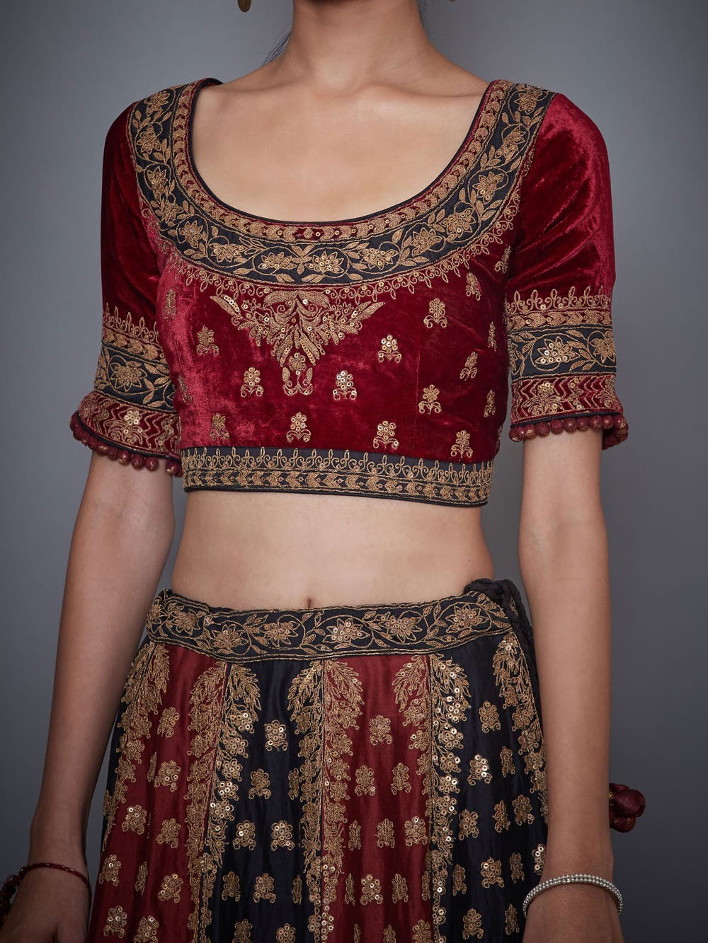 Image Title RI-Ritu-Kumar-Black-And-Burgundy-Embroidered-Lehenga-Set-Closeup